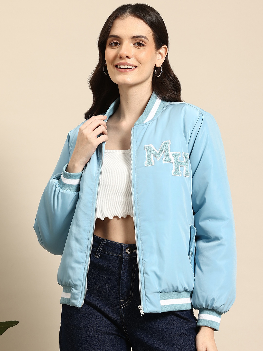 

Mast & Harbour Women Bomber Jacket, Blue