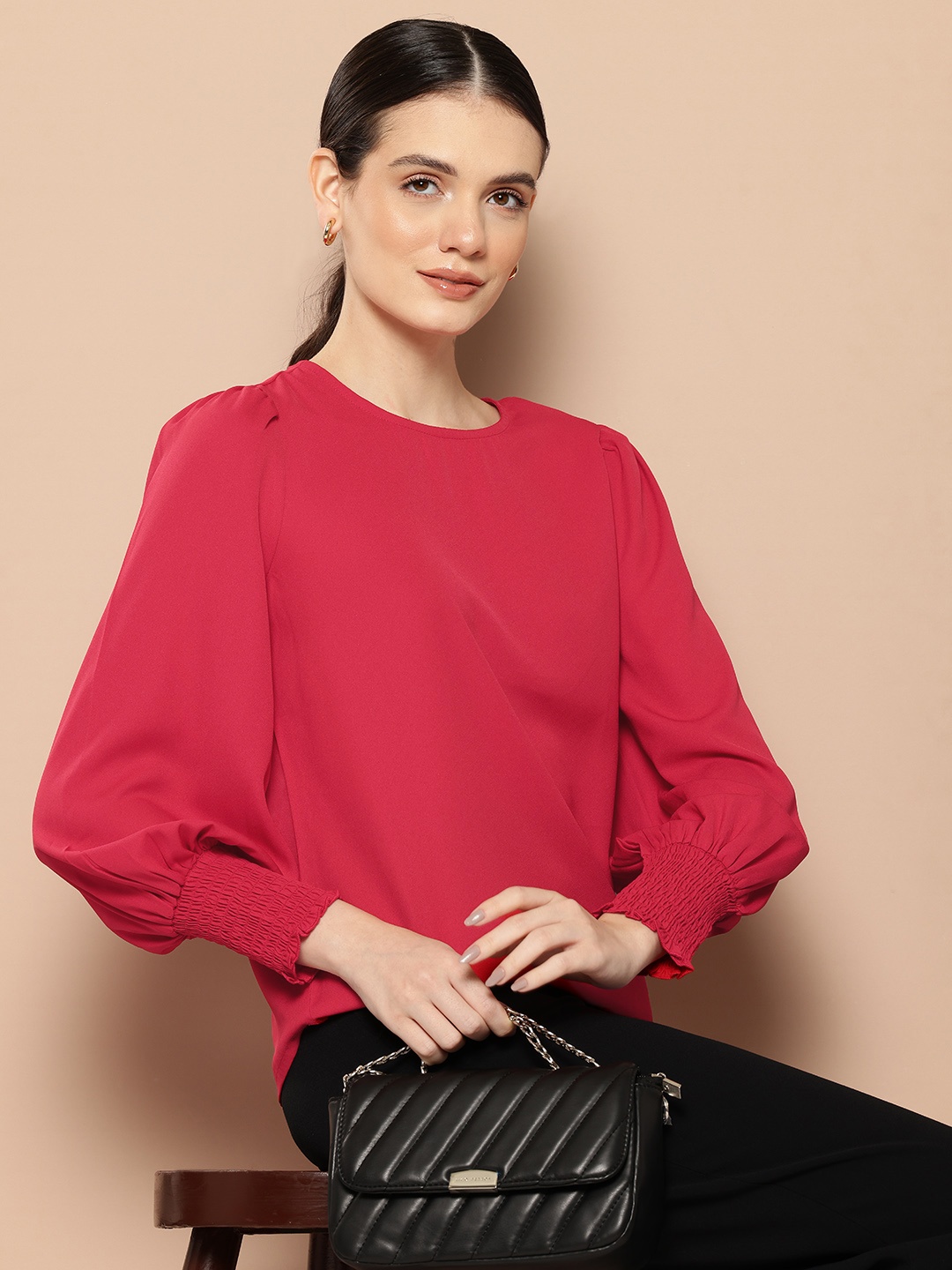 

her by invictus Puff Sleeve Smocked Top, Red