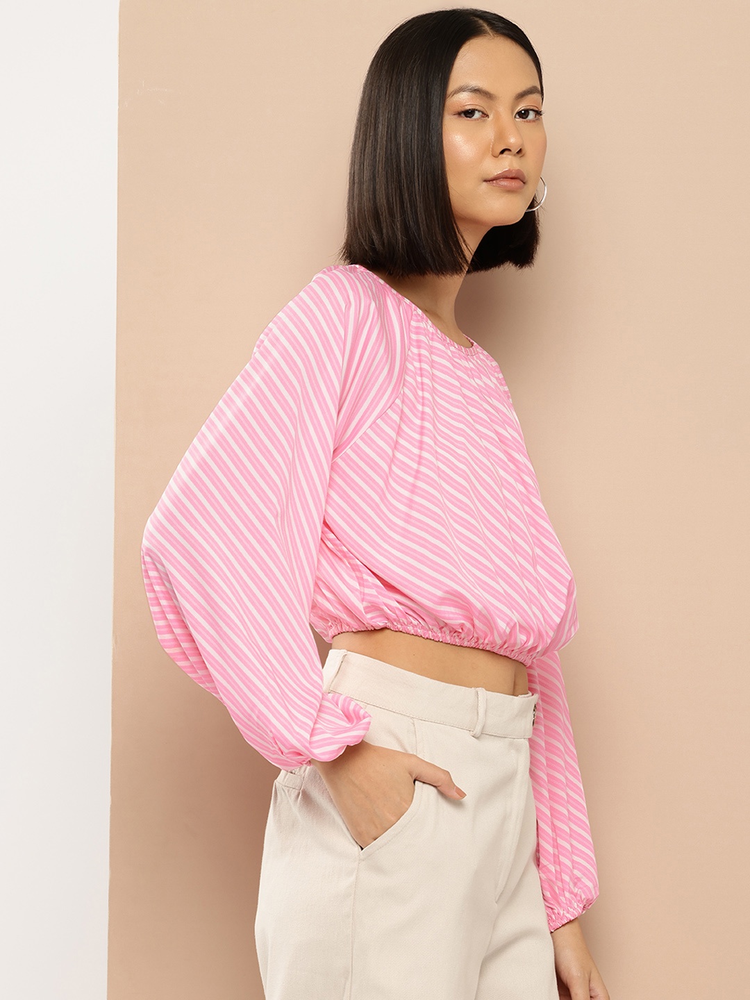 

her by invictus Striped Blouson Crop Top, Pink