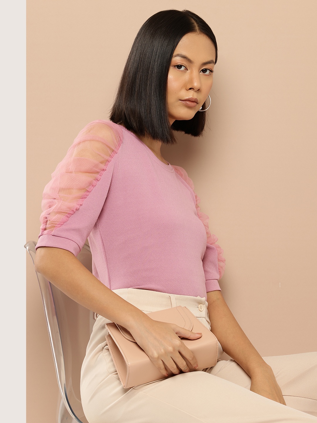 

her by invictus Ruched Puff Sleeves Top, Rose