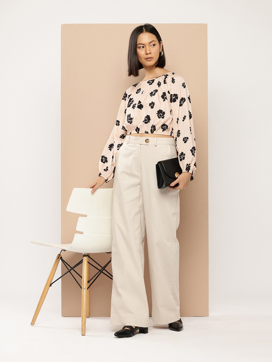 

her by invictus Floral Print Blouson Crop Top, Cream