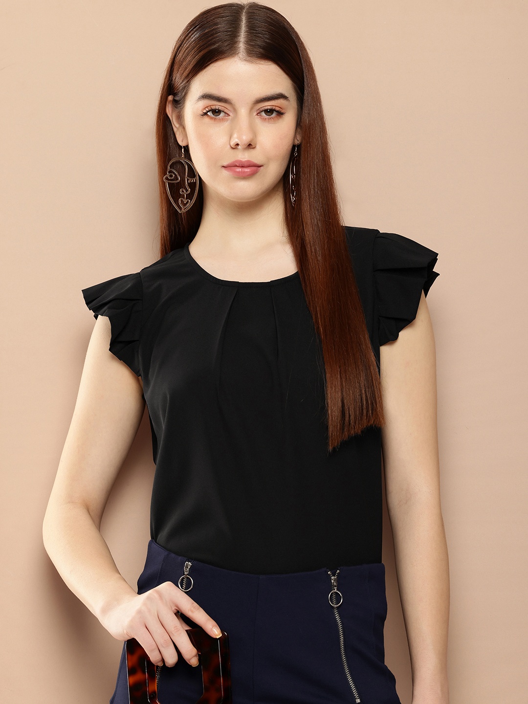 

her by invictus Cap Sleeves Ruffles Detailed Top, Black