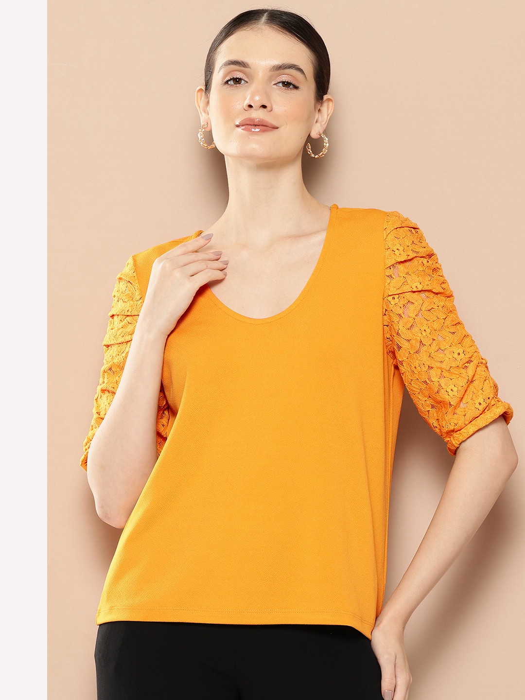 

her by invictus Lace Inserts Ruched Regular Top, Mustard