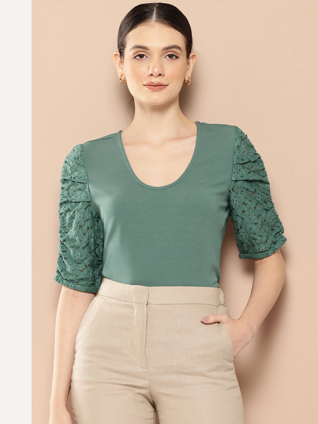 

her by invictus Lace Inserts Ruched Regular Top, Green
