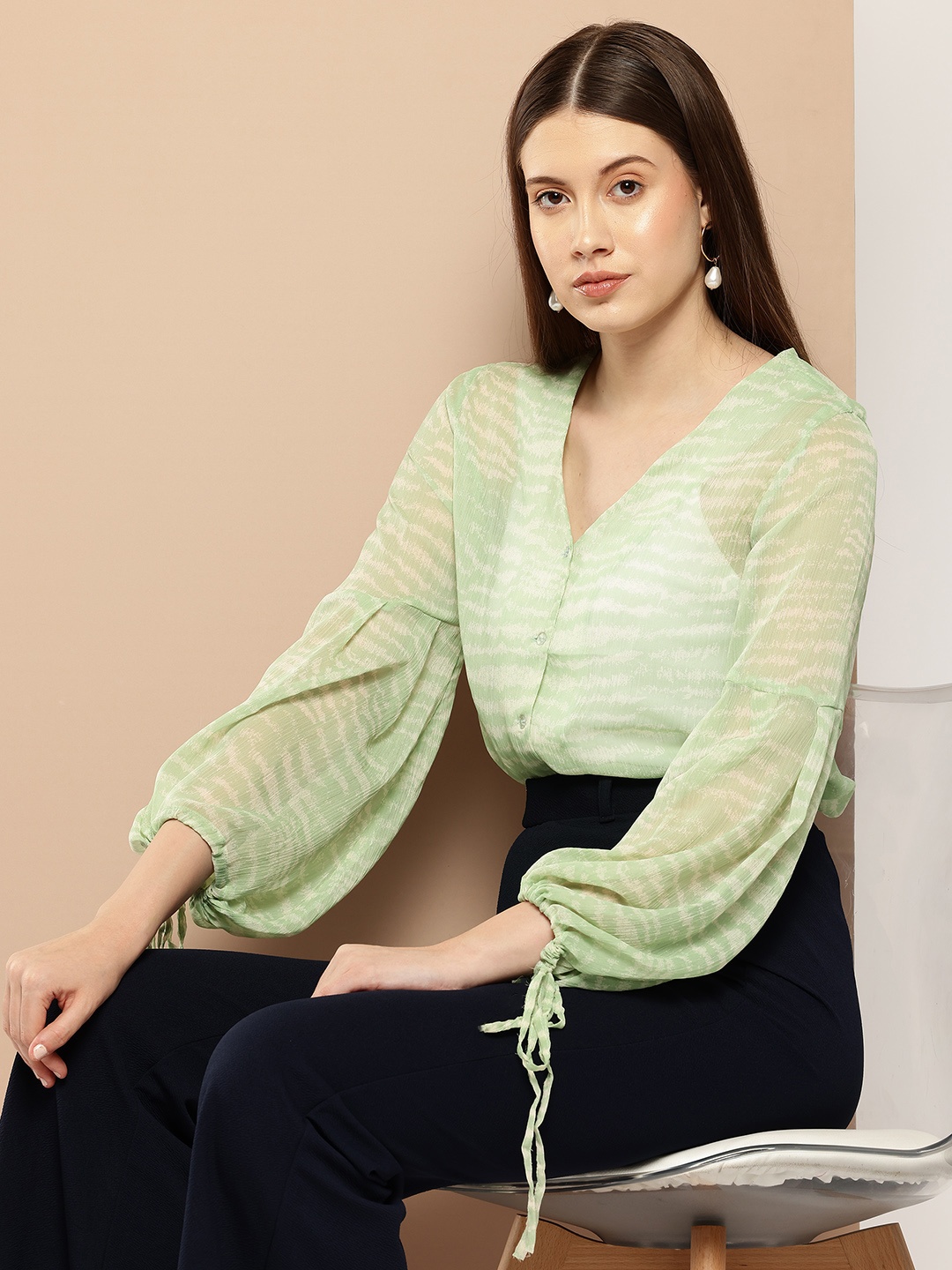 

her by invictus Printed Puff Sleeve Sheer Top, Green