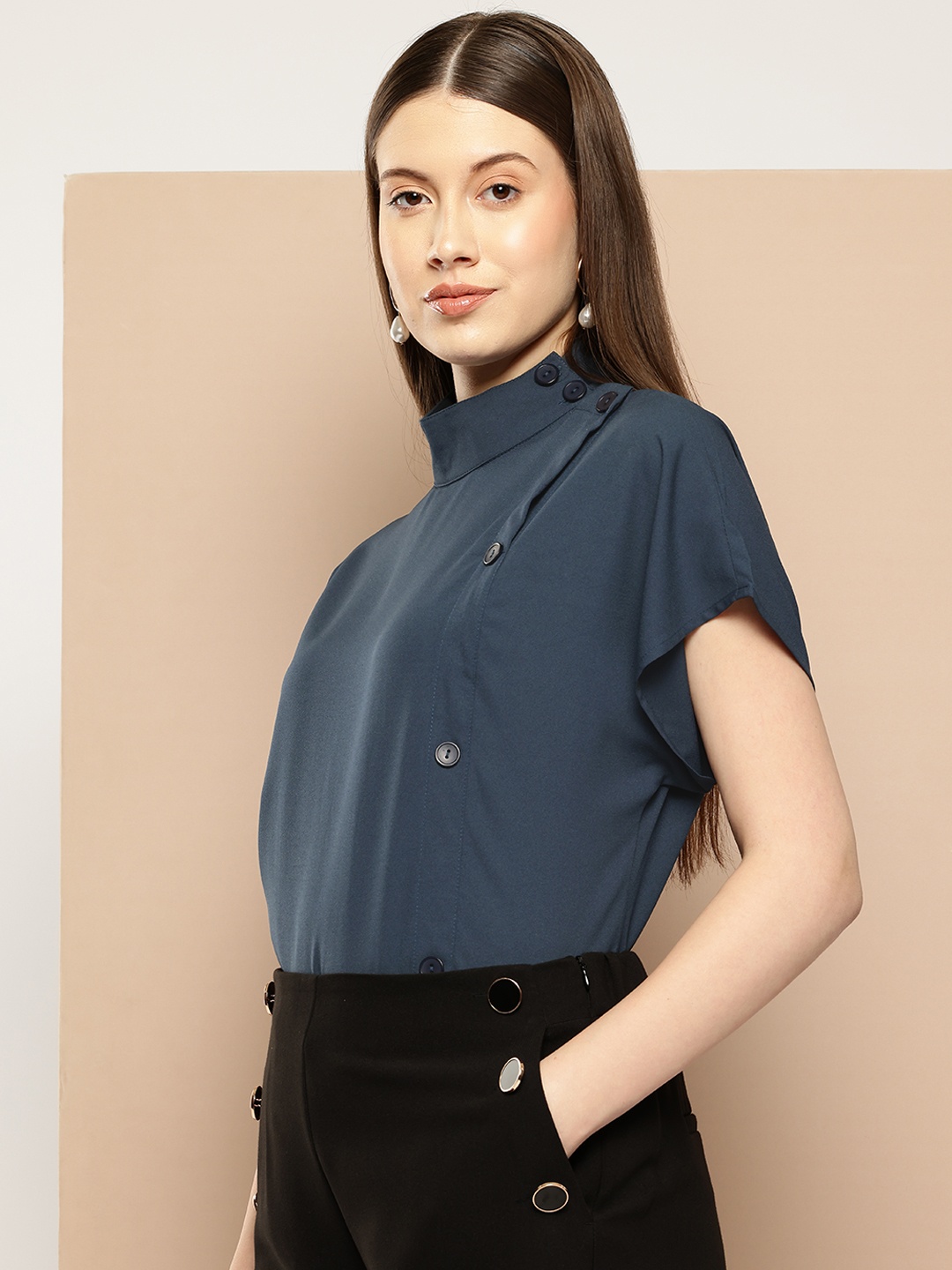 

her by invictus Asymmetric Placket Extended Sleeves Top, Navy blue