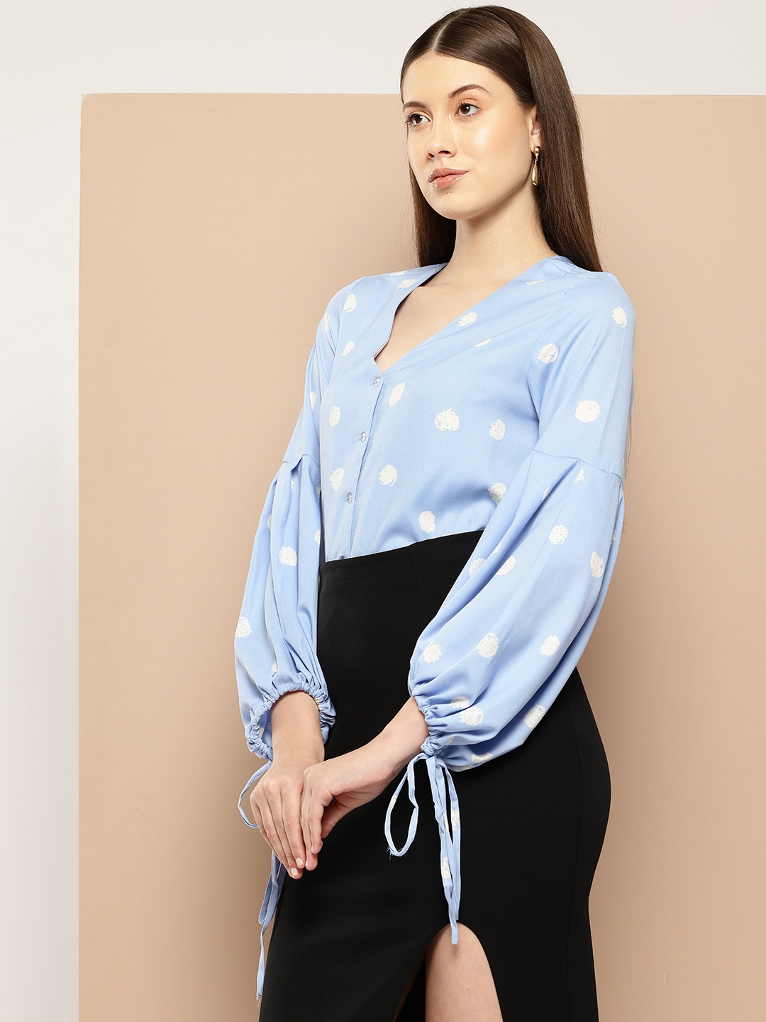 

her by invictus Printed Puff Sleeve Shirt Style Top, Blue