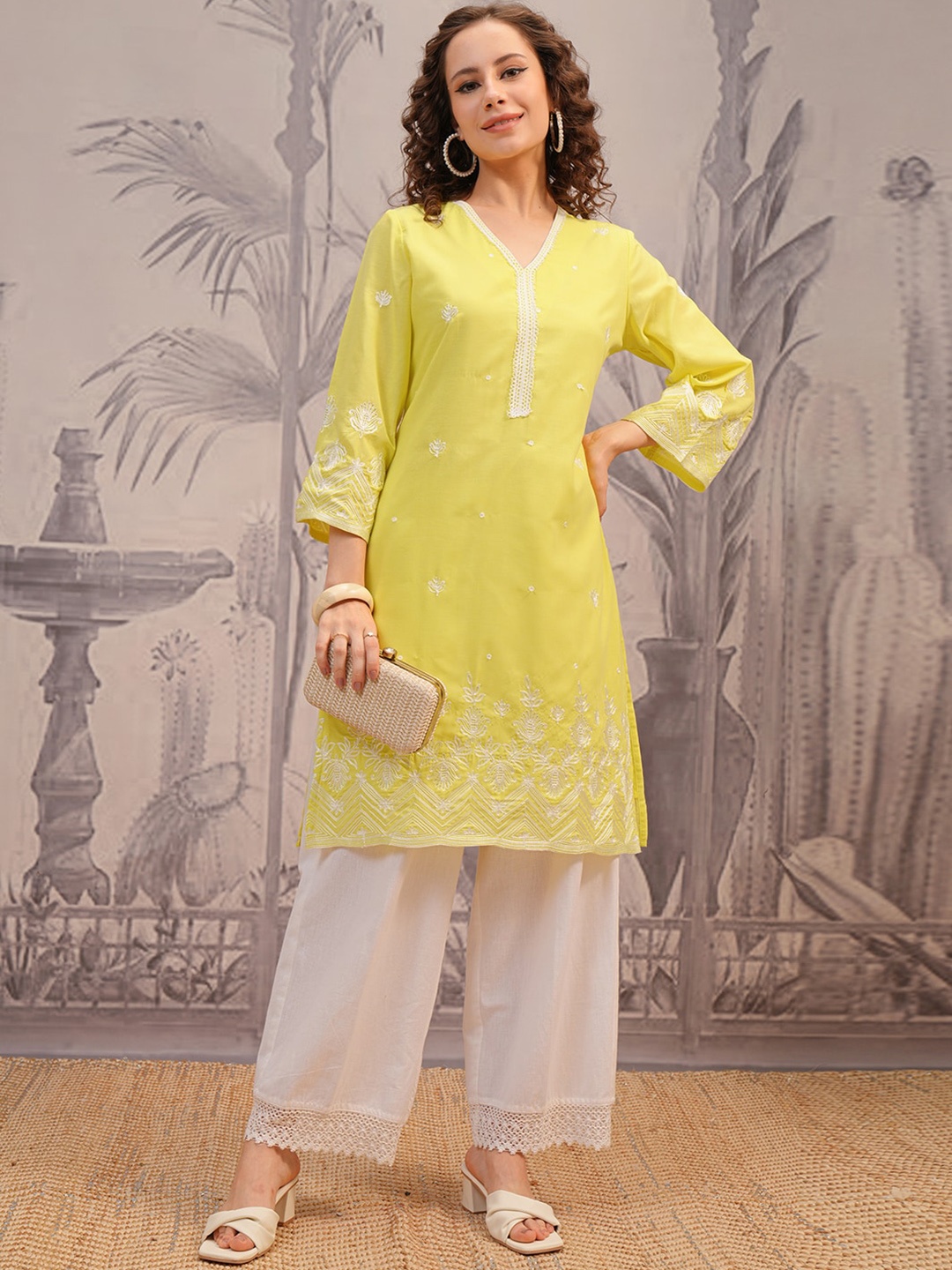 

Vishudh Yellow Floral Embroidered V-Neck Straight Kurta