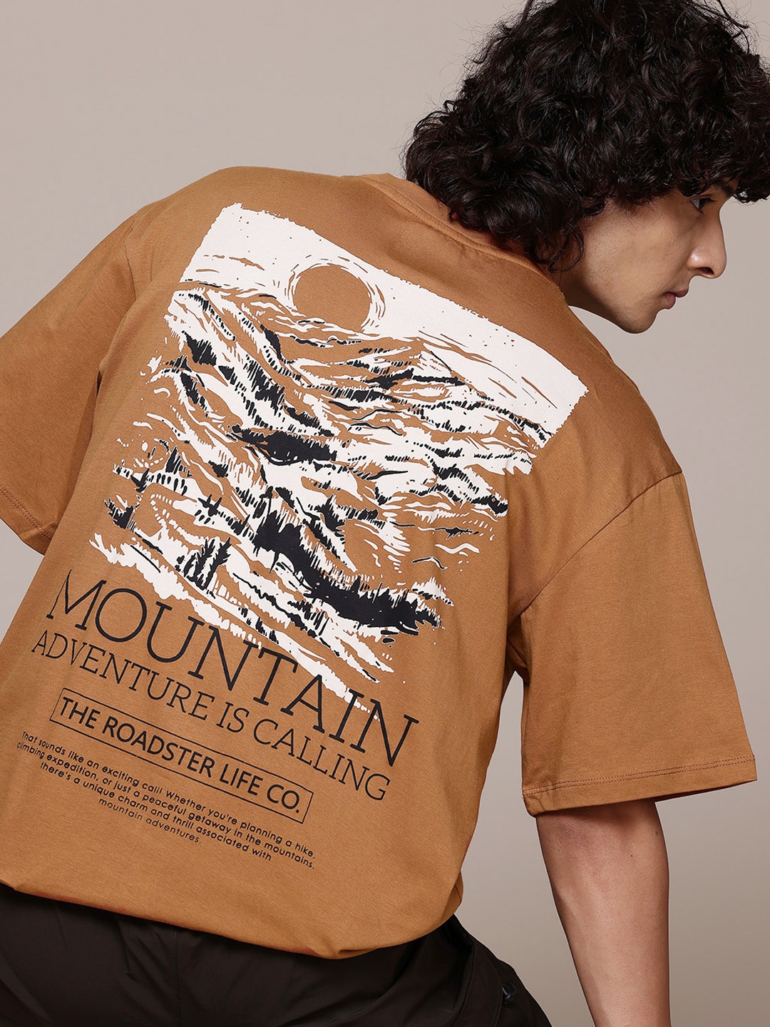 

Roadster Printed Drop-Shoulder Sleeves Pure Cotton T-shirt, Brown