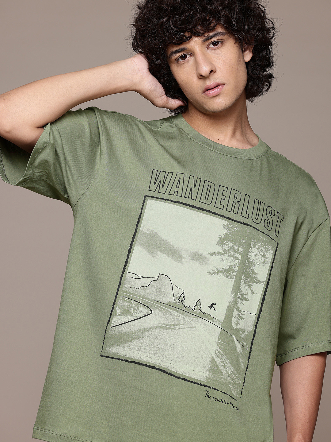 

The Roadster Lifestyle Co. Printed Drop-Shoulder Relaxed Fit Pure Cotton T-shirt, Green