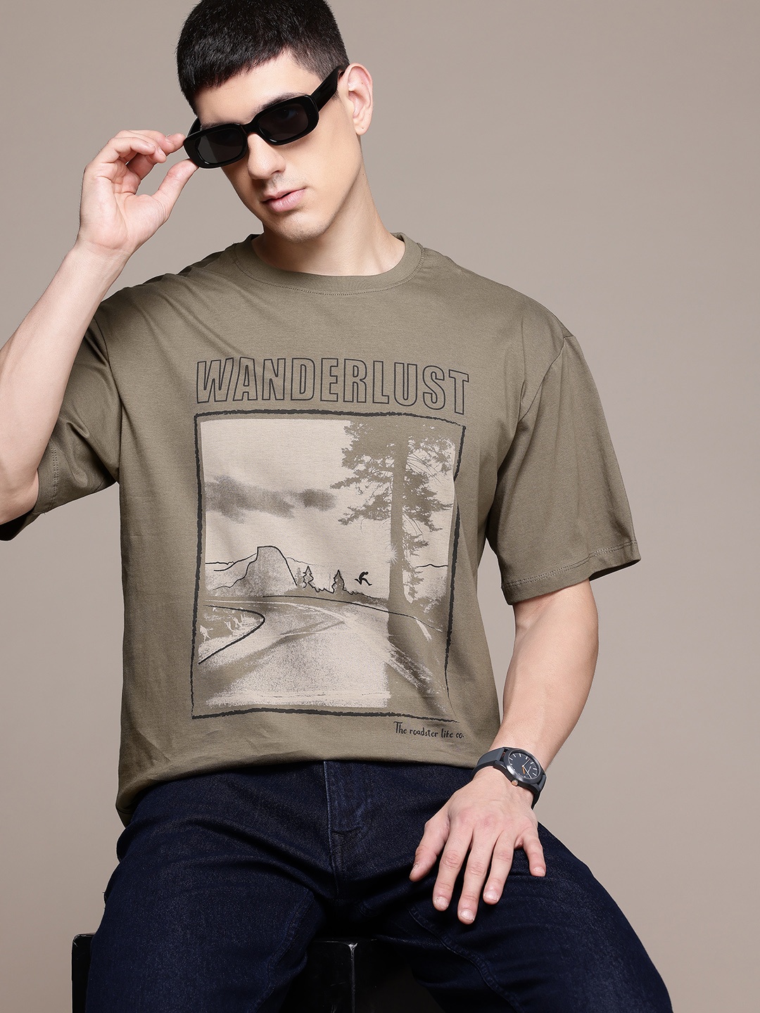 

The Roadster Lifestyle Co. Printed Drop-Shoulder Sleeves Pure Cotton T-shirt, Olive