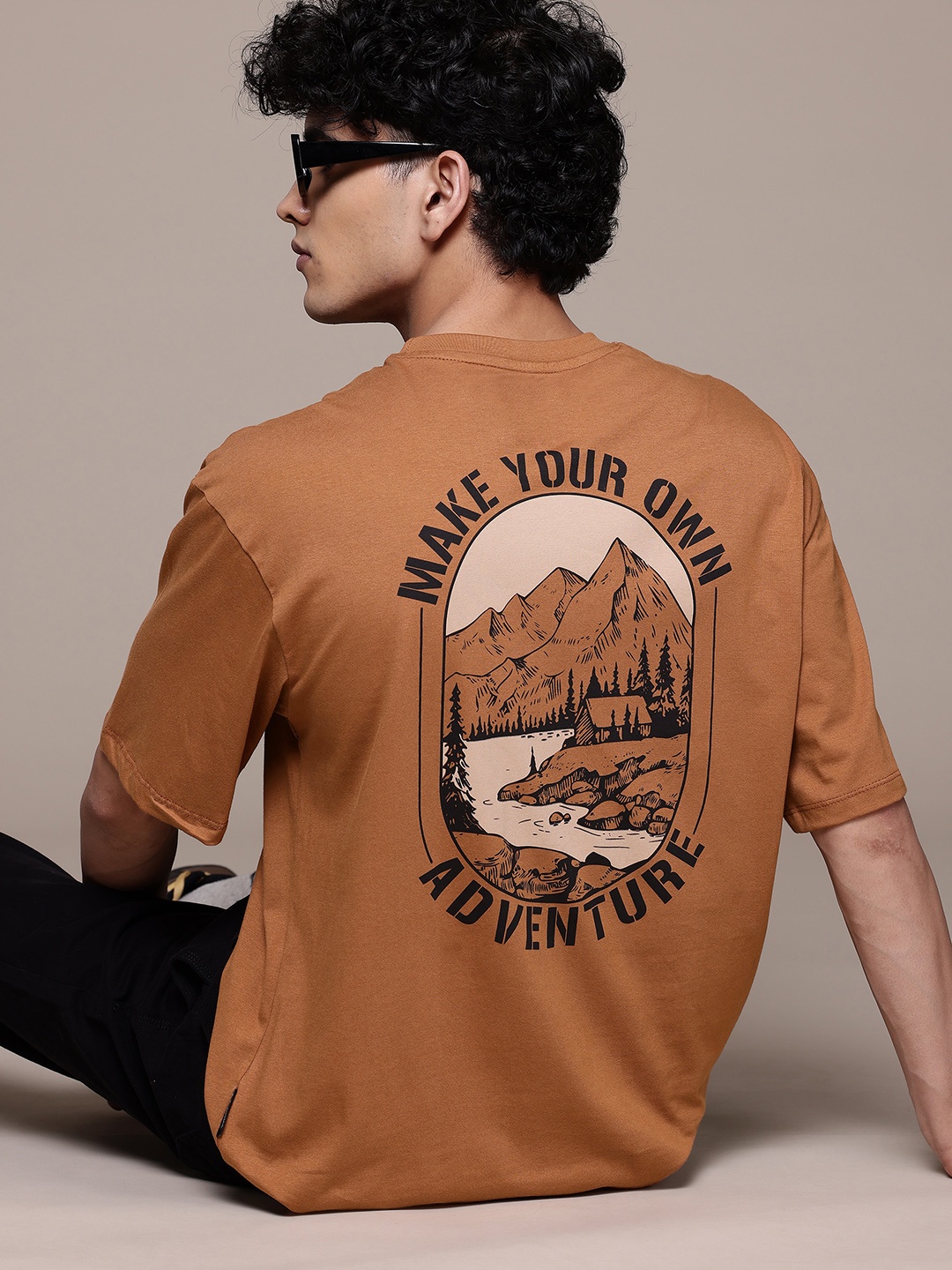 

The Roadster Lifestyle Co. Printed Drop-Shoulder Relaxed Fit Pure Cotton T-shirt, Rust