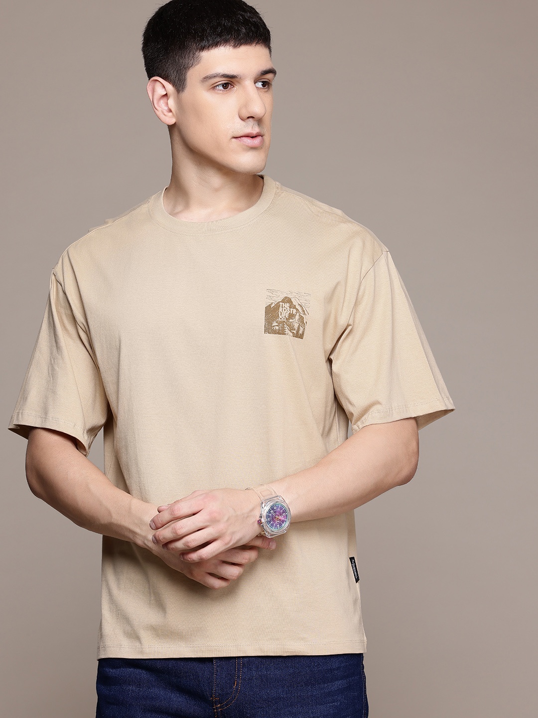 

The Roadster Lifestyle Co. Printed Drop-Shoulder Sleeves Pure Cotton T-shirt, Beige