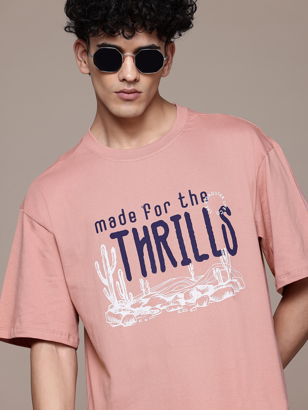 

The Roadster Lifestyle Co. Printed Drop-Shoulder Relaxed Fit Pure Cotton T-shirt, Pink