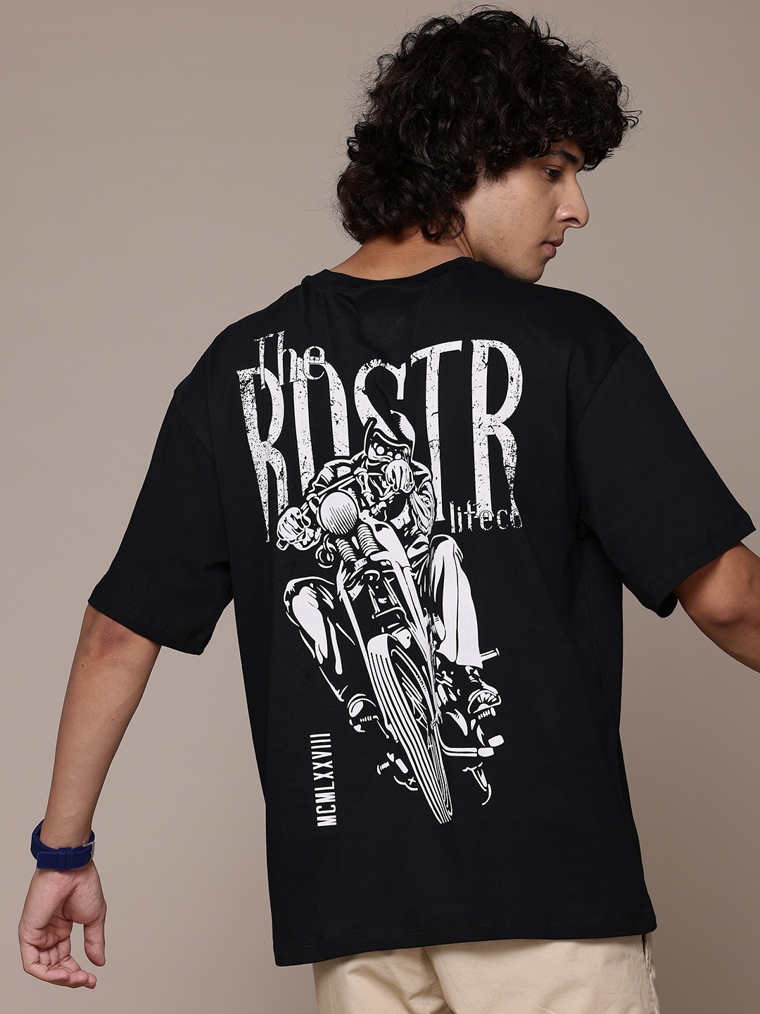 

The Roadster Lifestyle Co. Drop-Shoulder Sleeves Pure Cotton T-shirt, Black