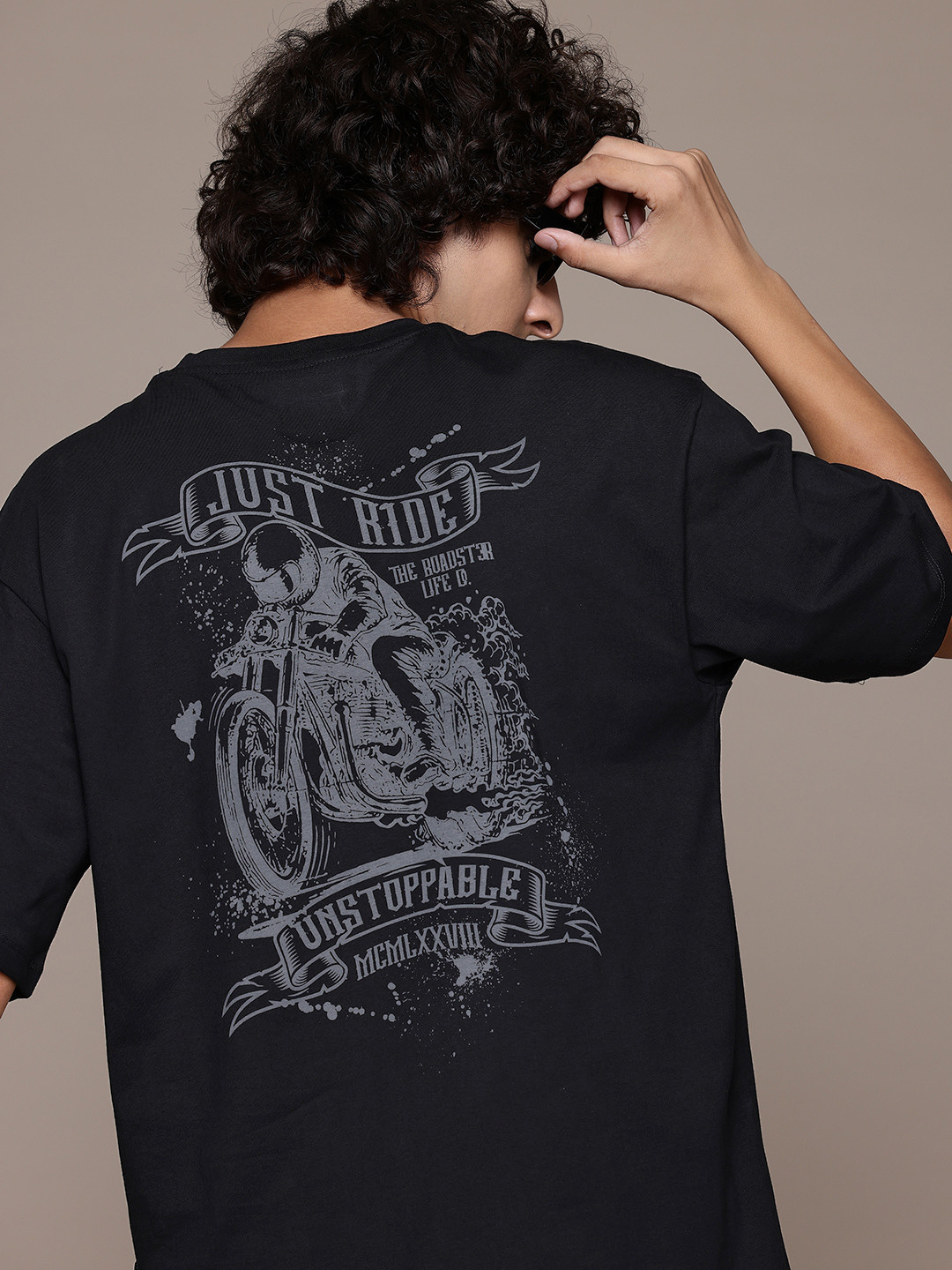 

The Roadster Lifestyle Co. Drop-Shoulder Sleeves Pure Cotton T-shirt, Black