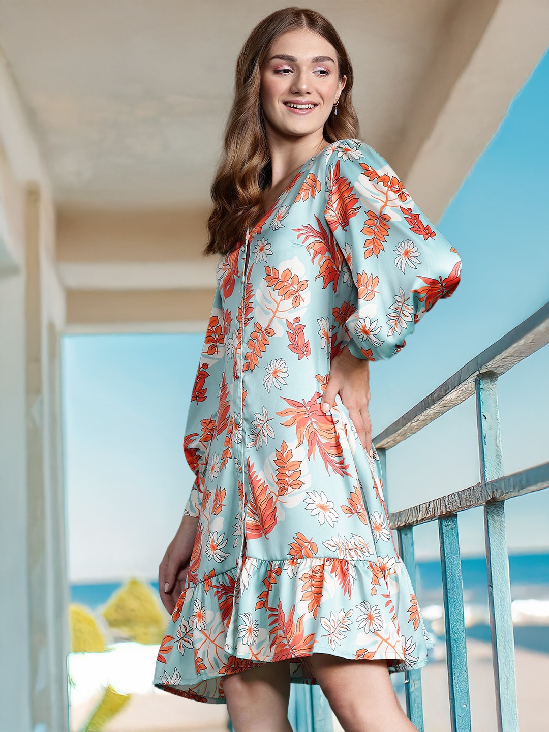 DressBerry Floral Print Bishop Sleeve A-Line Dress, Blue