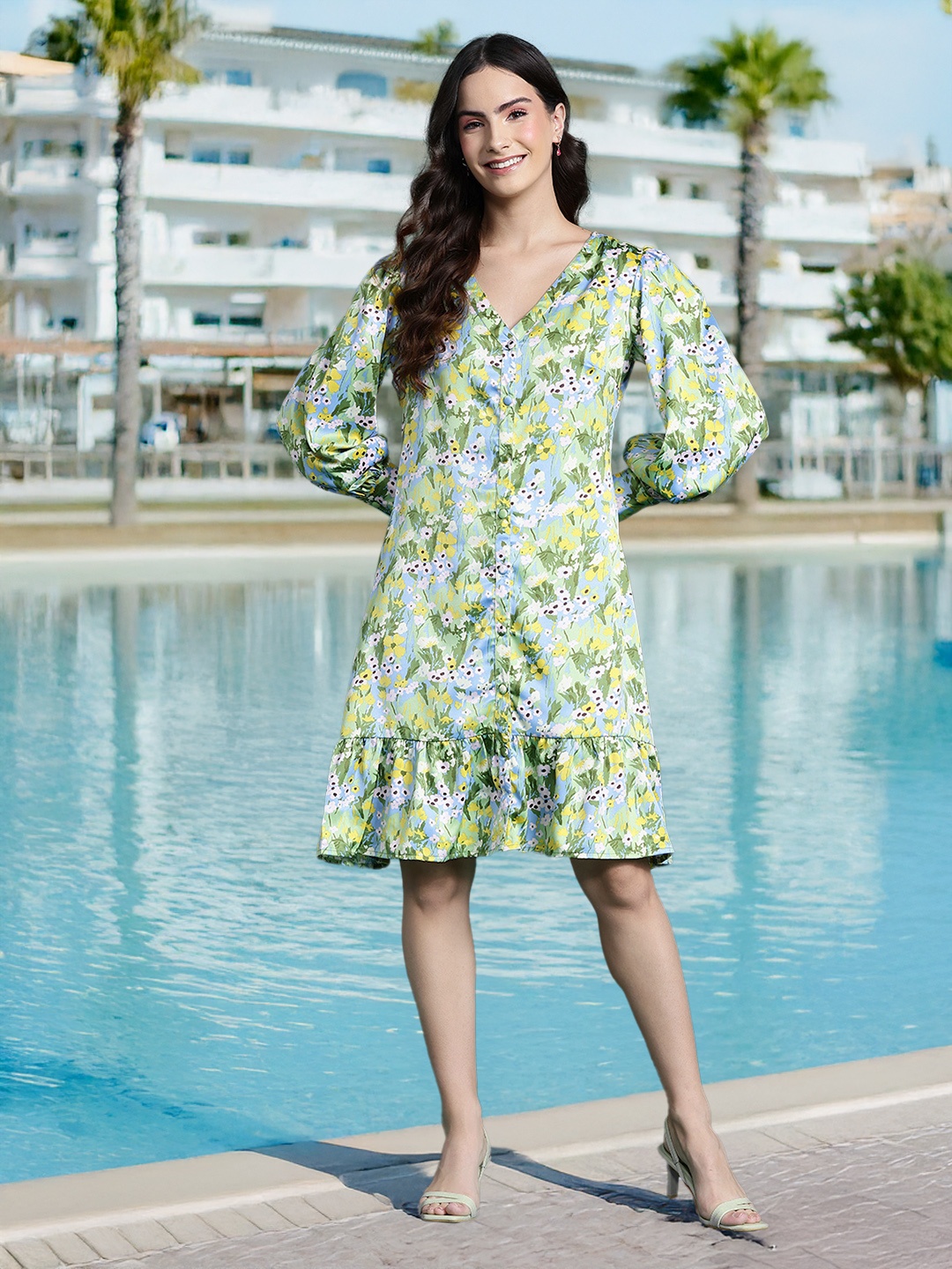DressBerry Floral Print Bishop Sleeve A-Line Dress, Green