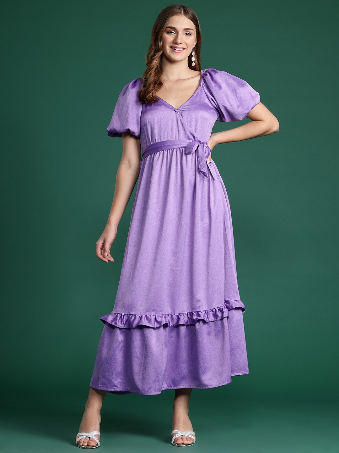 

DressBerry Puff Sleeve Ruffled Satin Maxi Dress, Purple