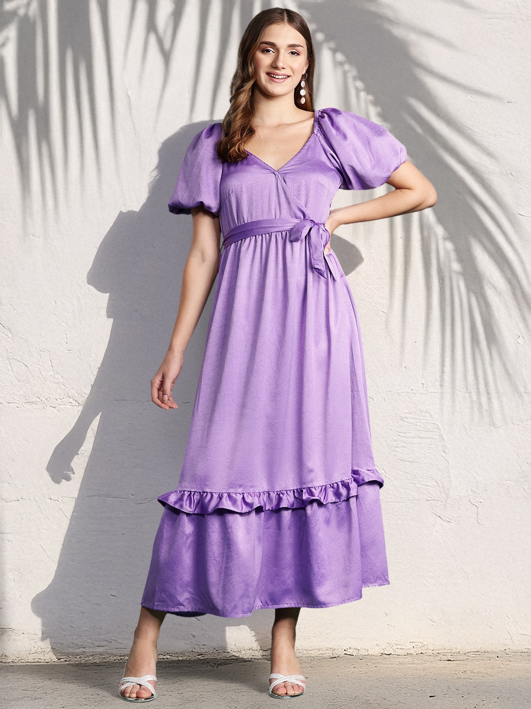 

DressBerry Puff Sleeve Ruffled Satin Maxi Dress, Purple