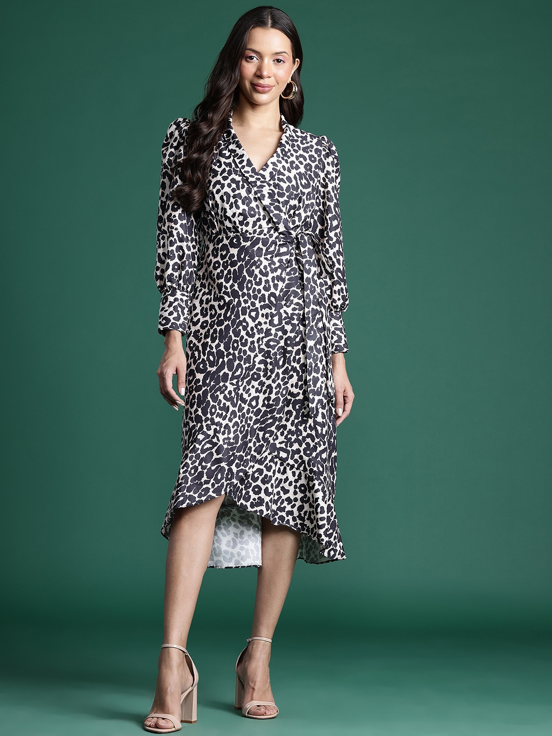 

DressBerry Animal Print Midi Wrap Dress, Cream