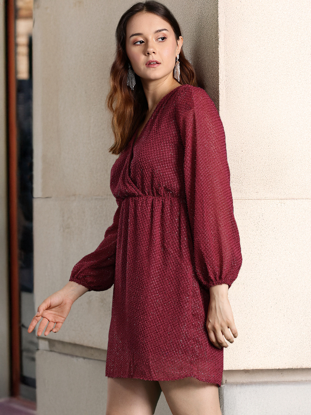 

DressBerry Dobby Finish Puff Sleeve Mini Dress, Maroon