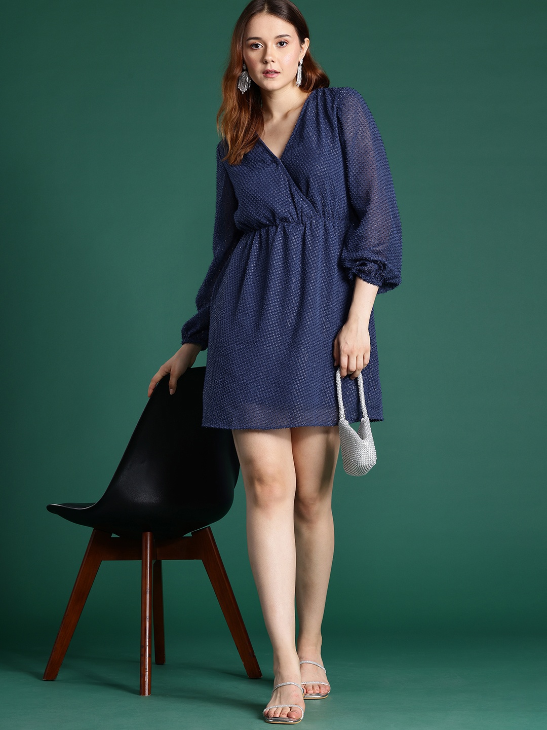 

DressBerry Dobby Finish Puff Sleeve Mini Dress, Navy blue