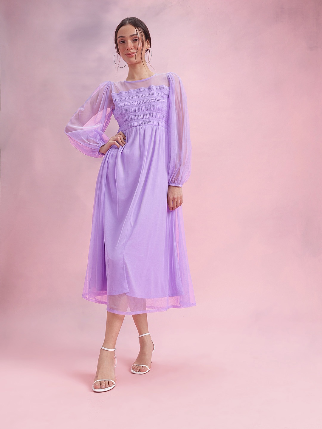 

DressBerry Puff Sleeve Net Fit & Flare Midi Dress, Lavender