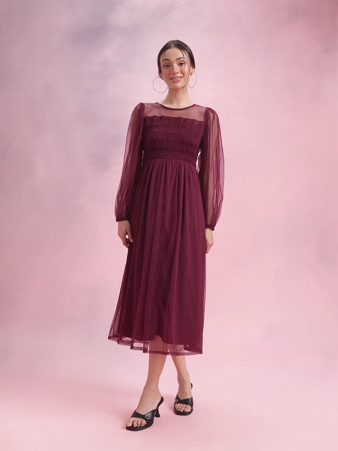 

DressBerry Puff Sleeve Fit & Flare Midi Dress, Burgundy