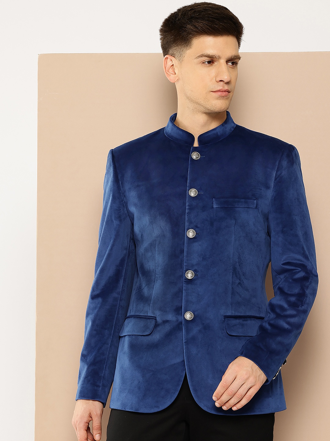 

INVICTUS Velvet Finish Mandarin Neck Slim Fit Blazer, Blue