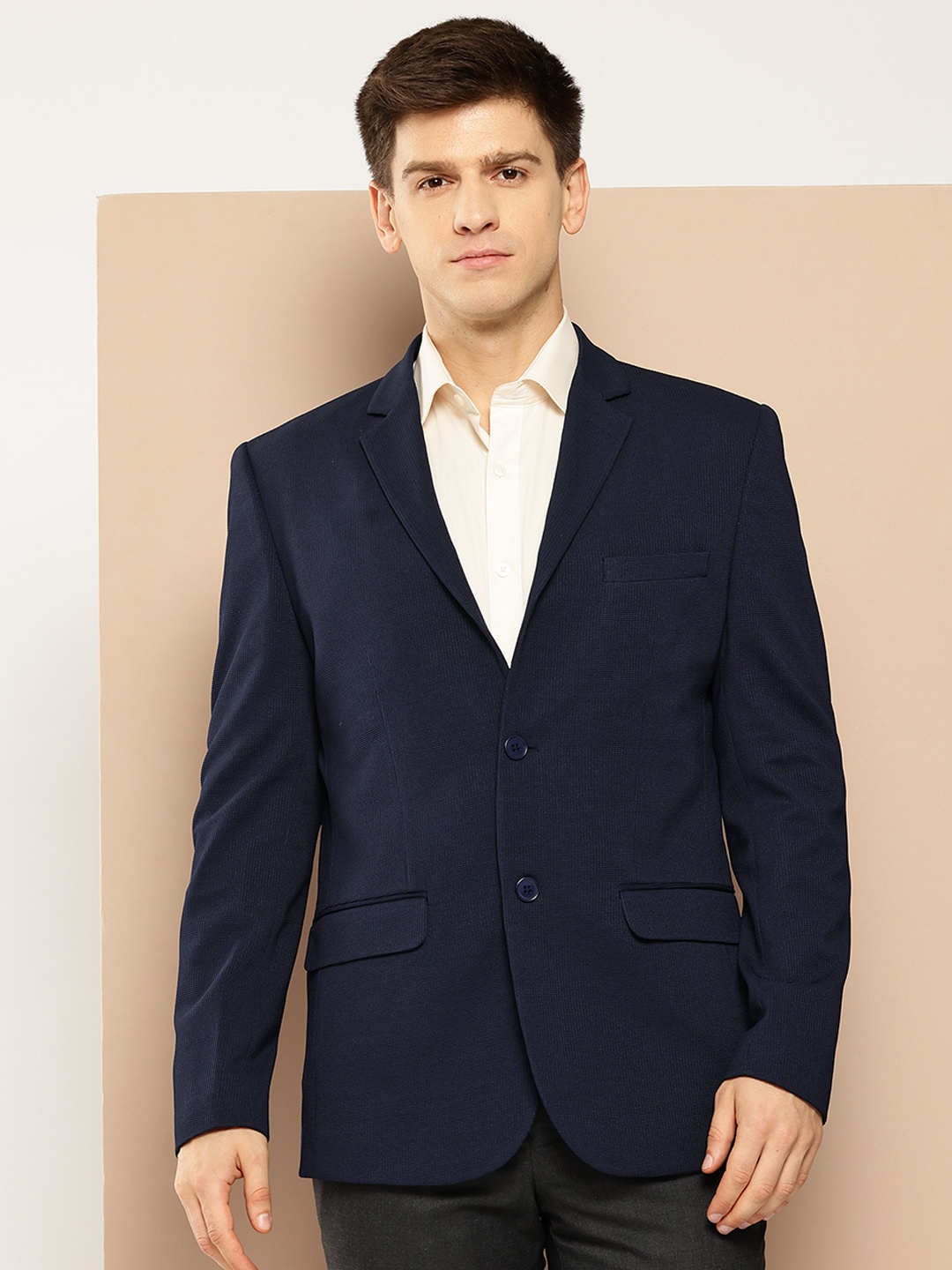 

INVICTUS Textured Single-Breasted Slim Fit Smart Casual Blazer, Navy blue