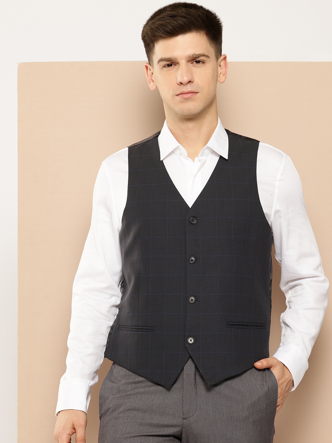 

INVICTUS Window Panes Checked Slim Fit Waistcoat, Charcoal