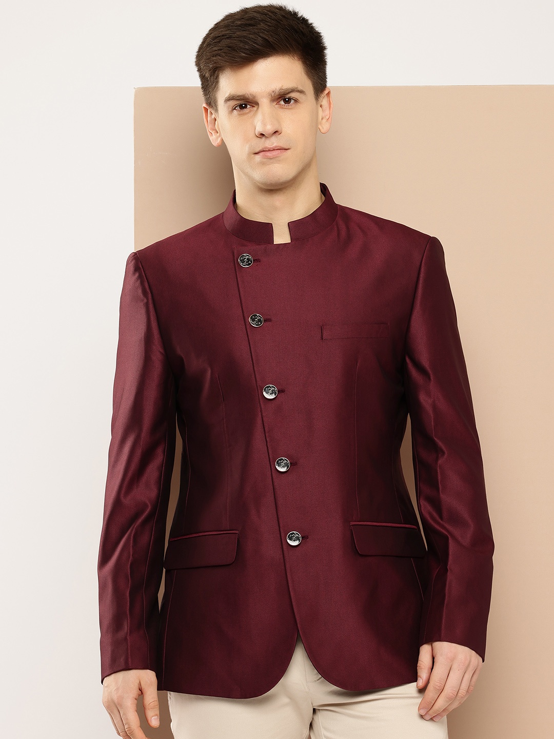 

INVICTUS Asymmetric Closure Slim Fit Party Bandhgala, Maroon
