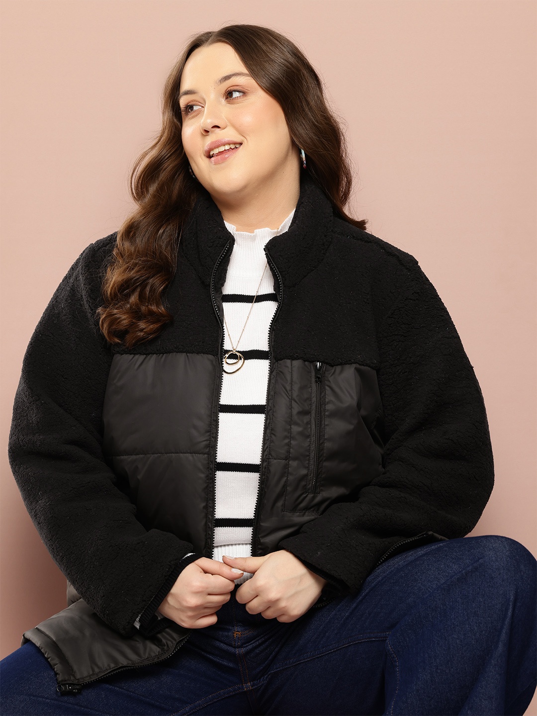 

Sztori Plus Size Longline Padded Sherpa Jacket, Black