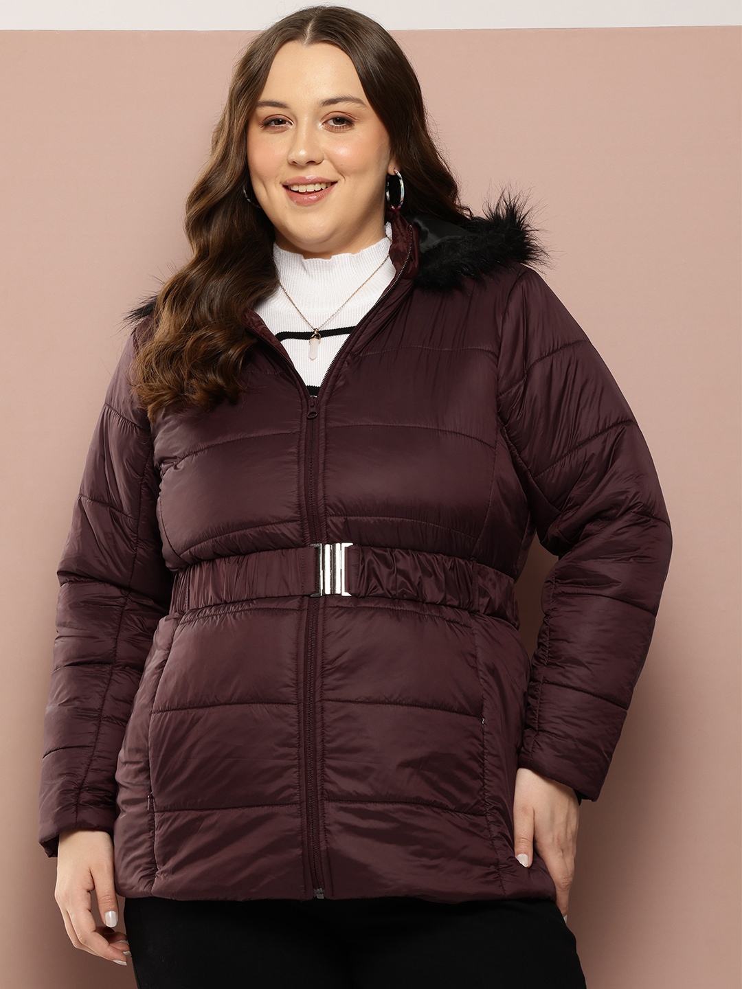 

Sztori Plus Size Longline Hooded Parka Jacket Comes With Belt, Burgundy