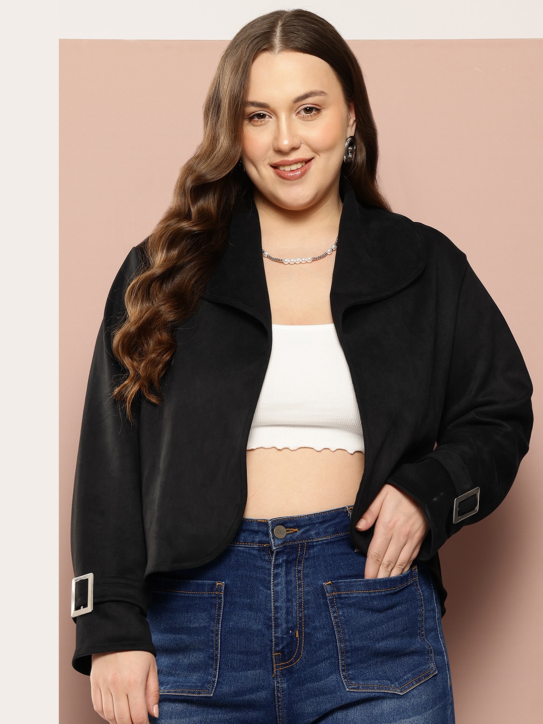 

Sztori Plus-Size Crop Open Front Jacket, Black