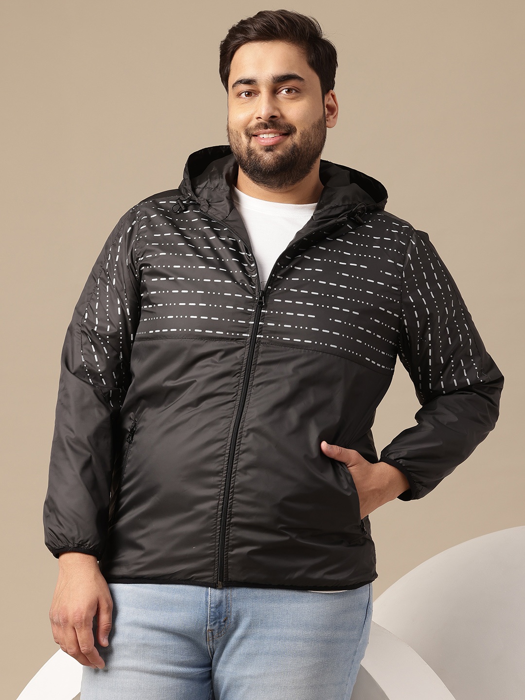 

Sztori Plus Sized Printed Hooded Tailored Jacket, Black