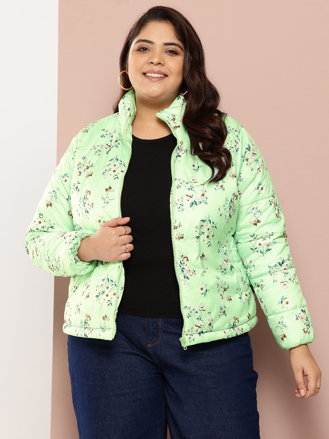 

Sztori Women Floral Printed Padded Jacket, Green