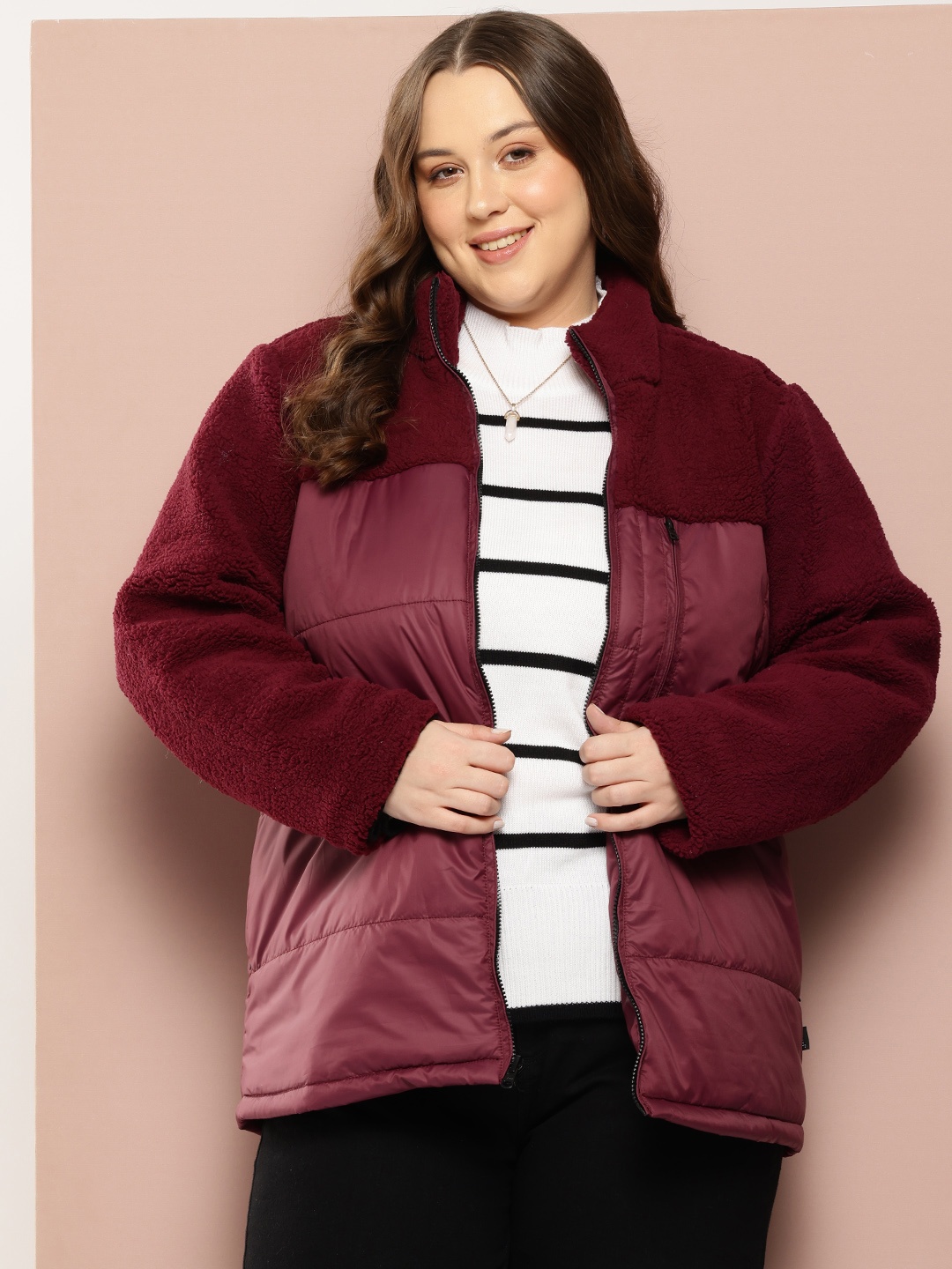 

Sztori Plus Size Longline Padded Sherpa Jacket, Fuchsia