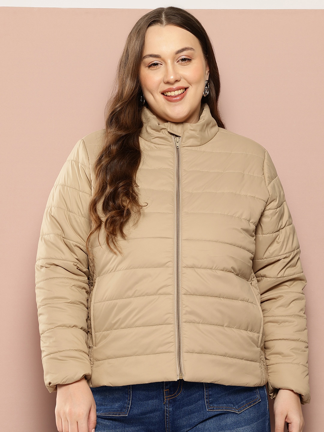 

Sztori Plus-Size Mock-Collar Padded Jacket, Taupe