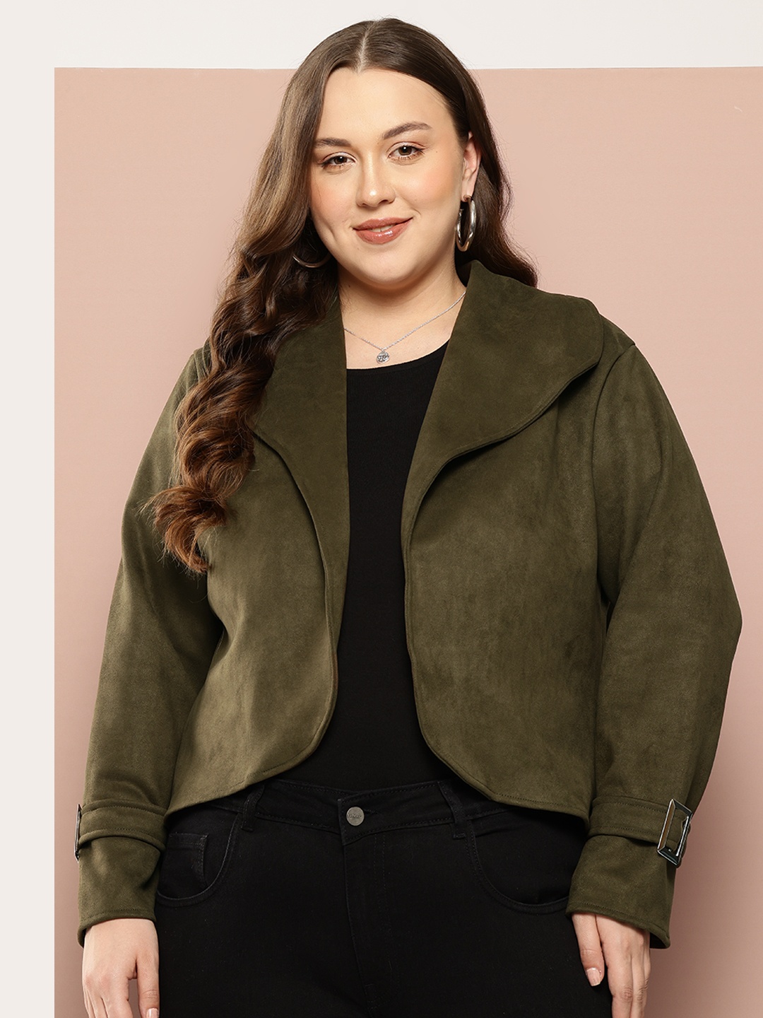 

Sztori Plus-Size Crop Open Front Jacket, Olive