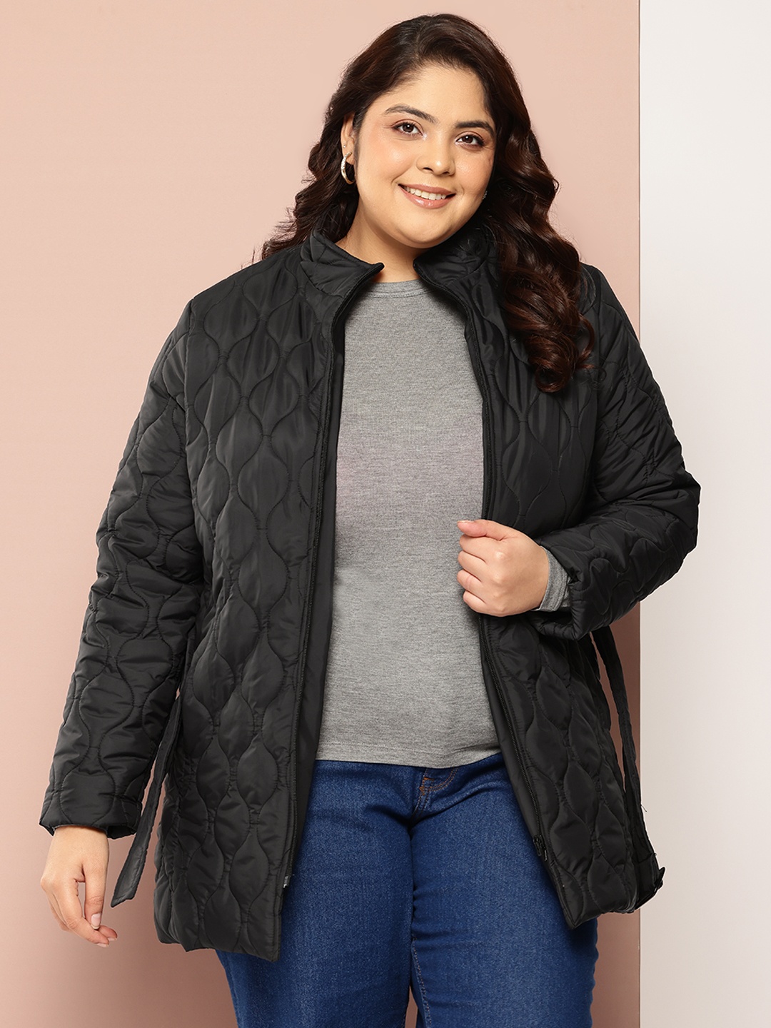 

Sztori Plus Size Longline Quilted Jacket with Belt, Black