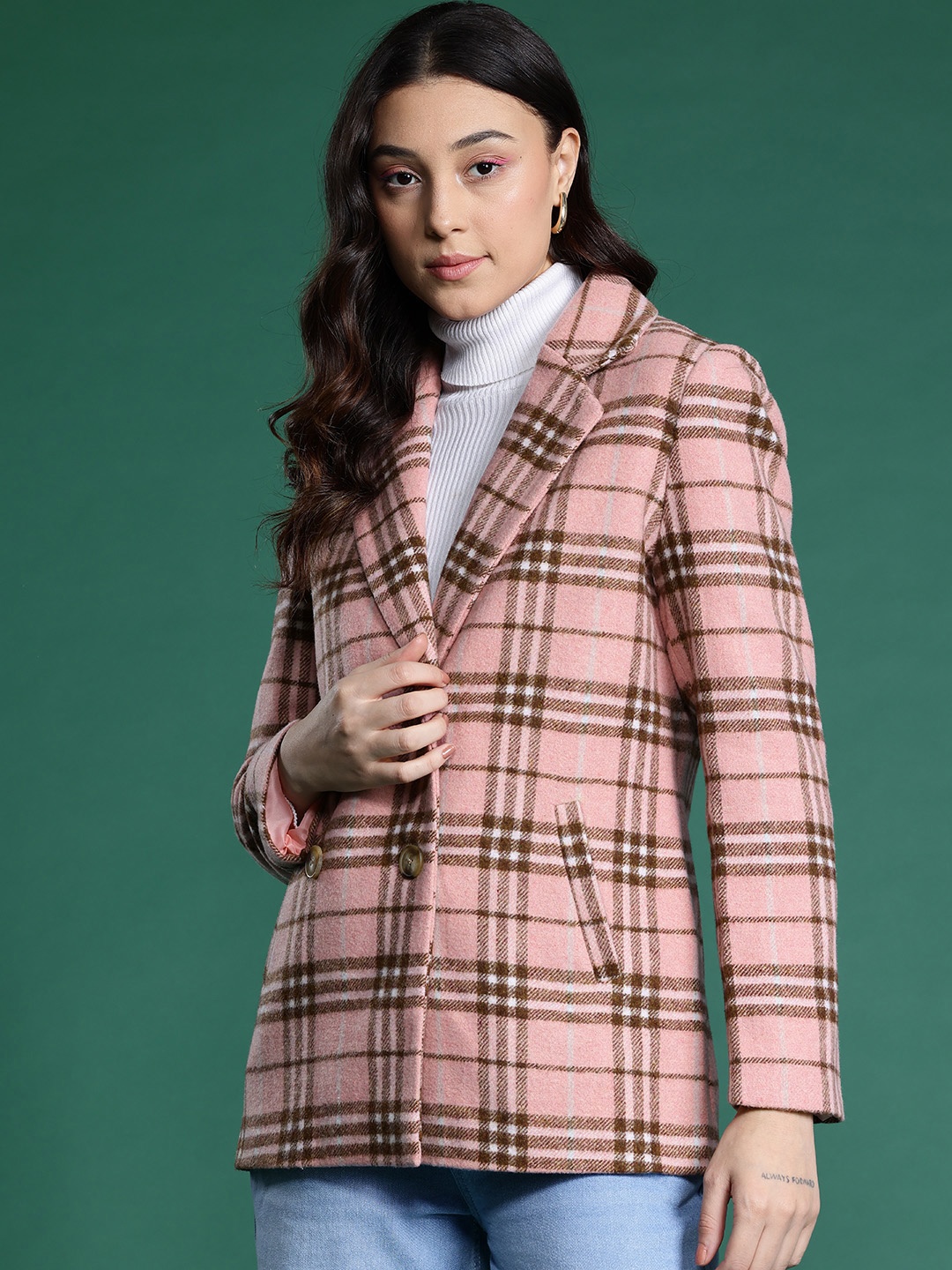 

DressBerry Bizwear Notched Lapel Checked Overcoat, Pink