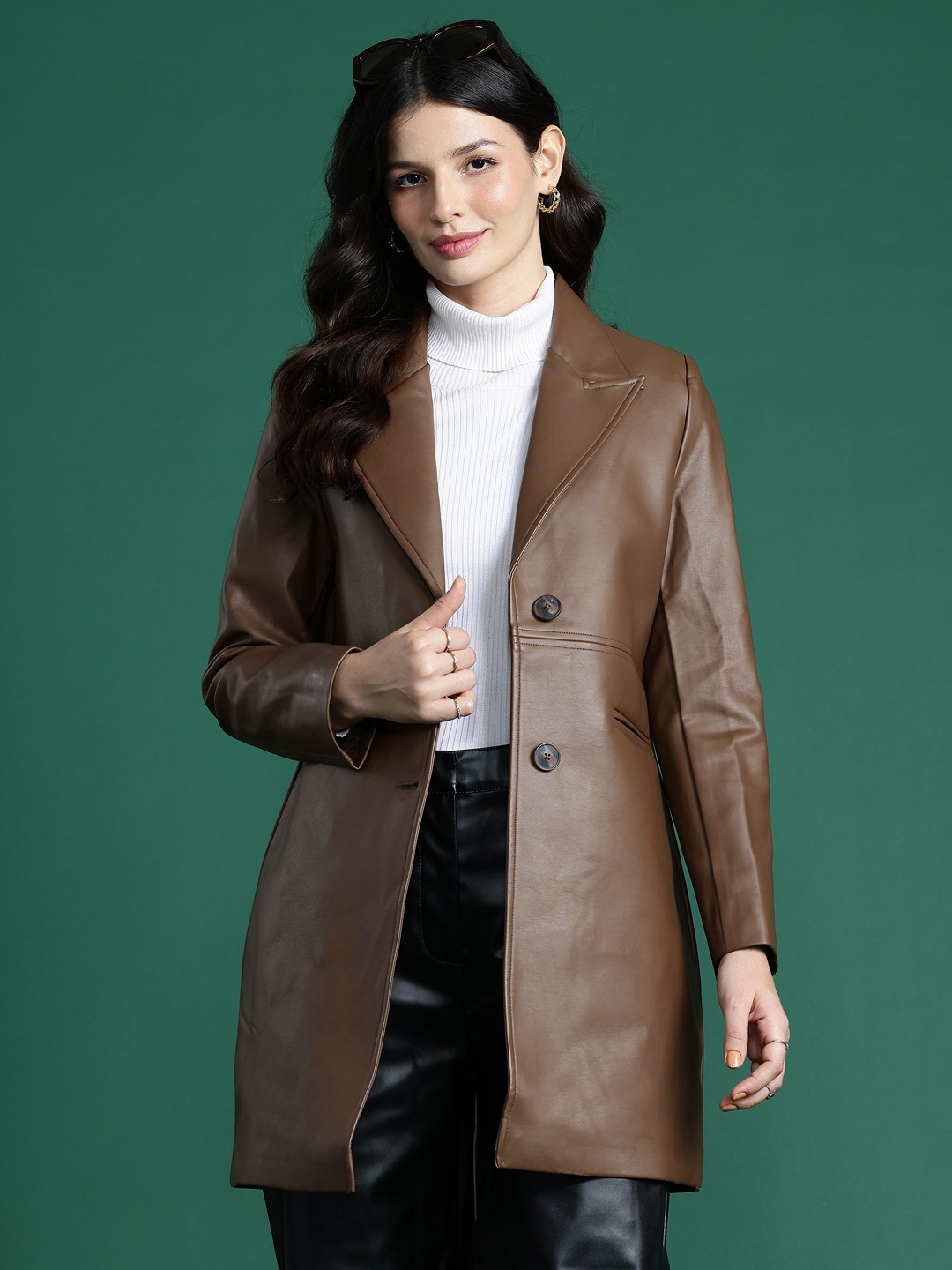 

DressBerry Notched Lapel Collar Faux Leather Overcoat, Brown