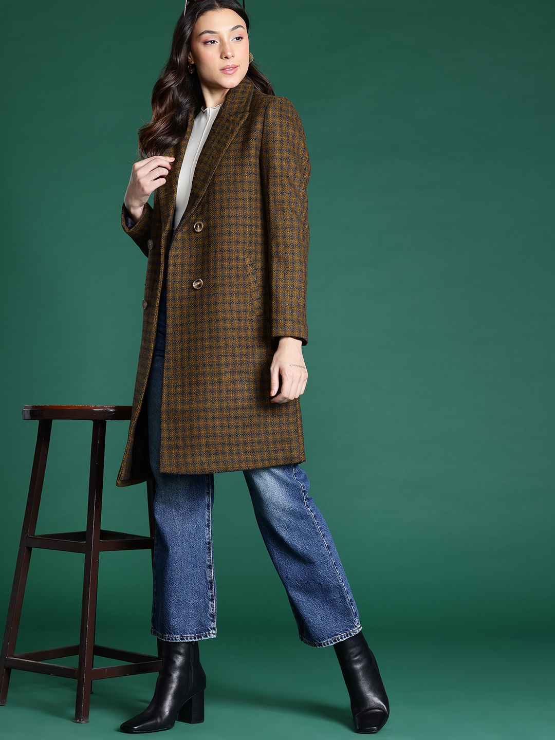 

DressBerry Checked Double-Breasted Longline Overcoat, Brown