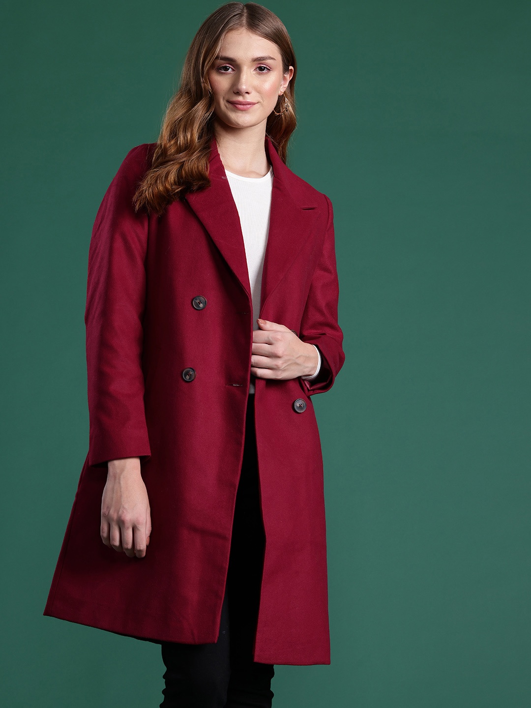 

DressBerry Double-Breasted Longline Overcoat, Red