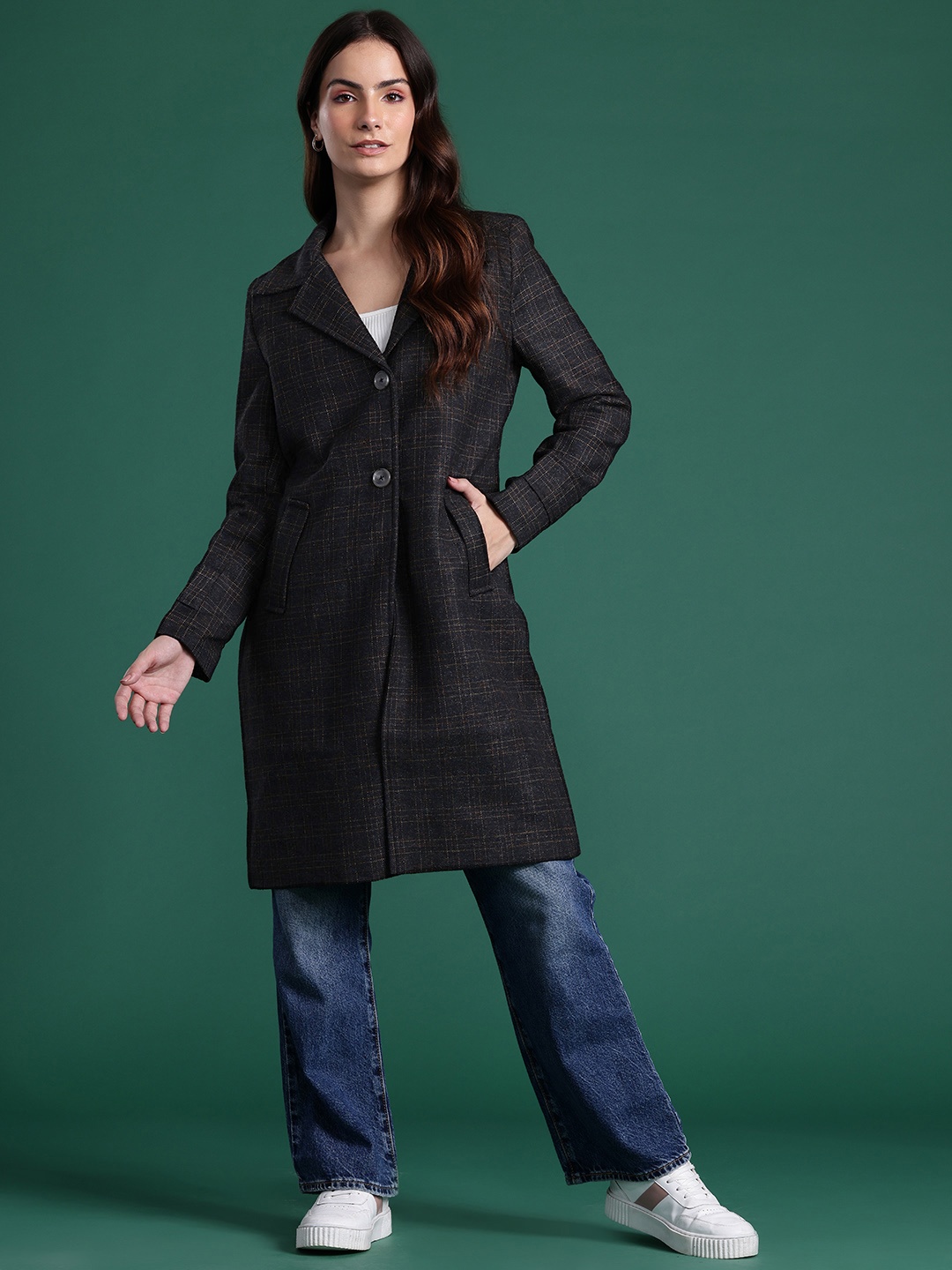 

DressBerry Checked Single-Breasted Longline Overcoat, Brown