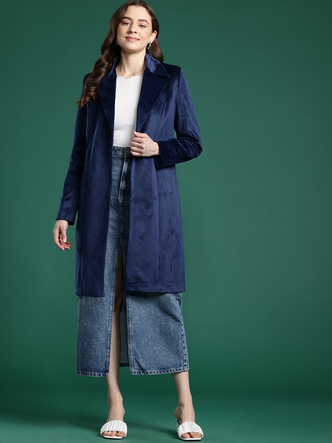 

DressBerry Velvet Finish Longline Overcoat, Navy blue