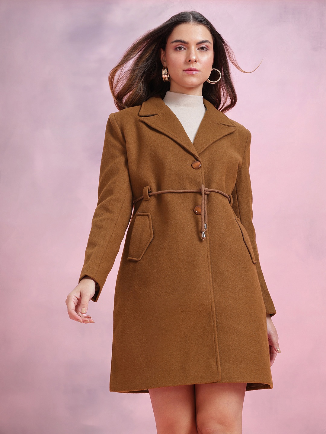 

DressBerry Bizwear Longline Overcoat with Tie-Up Belt, Brown