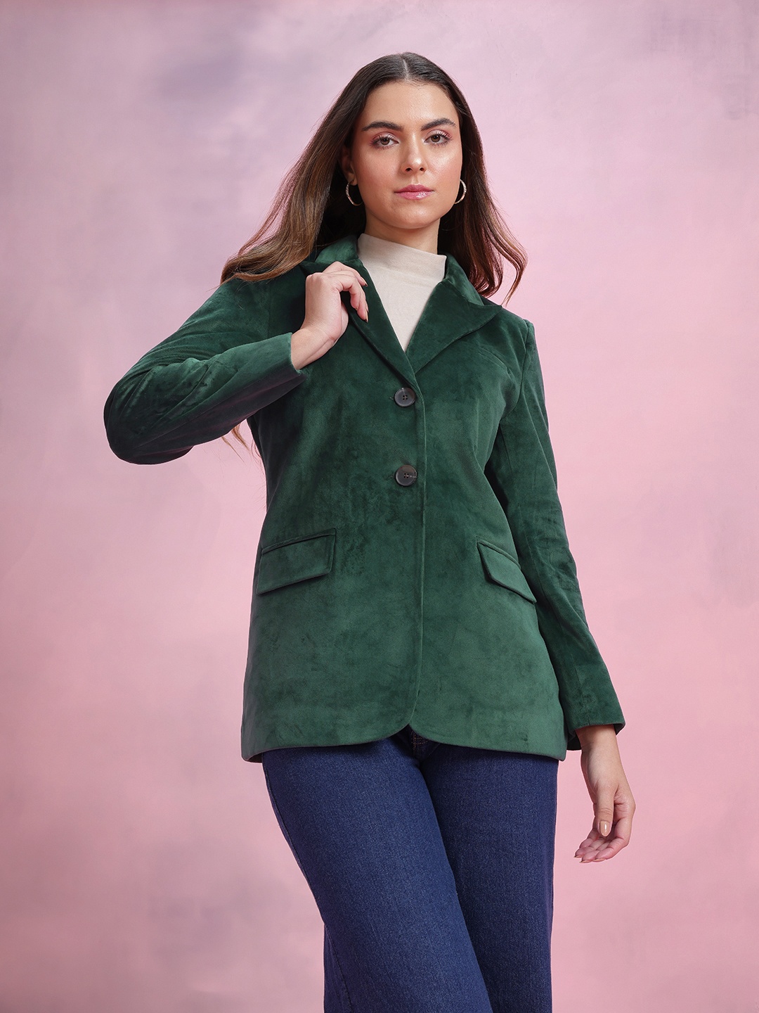 

DressBerry Bizwear Single-Breasted Velvet Finish Blazers, Green